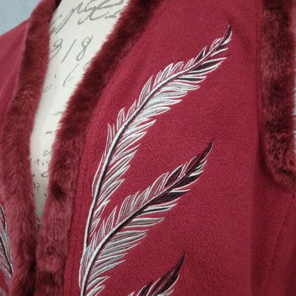 Bob Mackie | Cranberry Red Embroidered Fleece Vest Front Zip | Size L - Picture 3 of 8